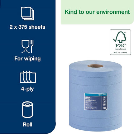 Tork® Advanced Industrial Paper Wiper, 4-Ply, Blue, 375 Wipers/Roll, 2 Rolls/Case, 13244101