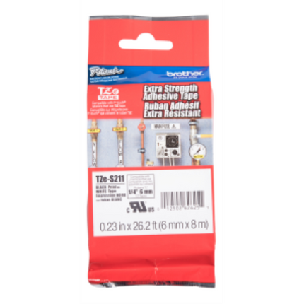 Brother Genuine TZe-S211 Black on White Extra Strength Adhesive Tape for P-touch Label Makers, 6 mm wide x 8 m long