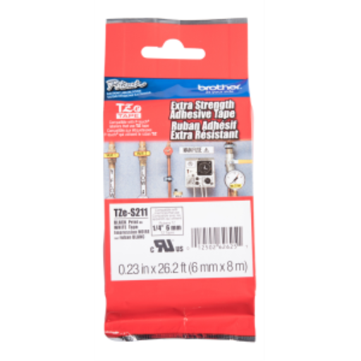 Brother Genuine TZe-S211 Black on White Extra Strength Adhesive Tape for P-touch Label Makers, 6 mm wide x 8 m long