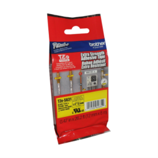 Brother Genuine TZe-S631 Black on Yellow Extra Strength Adhesive Tape for P-touch Label Makers, 12 mm wide x 8 m long