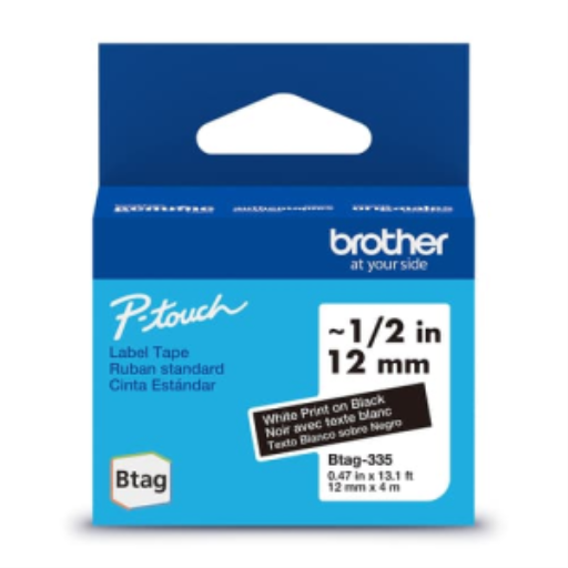 Brother Genuine BTAG335 Non-Laminated Tape for P-touch Label Makers, White on Black ? 12 mm wide x 4 m long