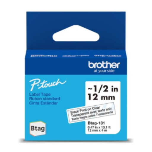 Brother Genuine BTAG131 Non-Laminated Tape for P-touch Label Makers, Black on Clear ? 12 mm wide x 4 m long