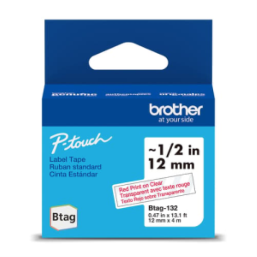 Brother Genuine BTAG132 Non-Laminated Tape for P-touch Label Makers, Red on Clear ? 12 mm wide x 4 m long