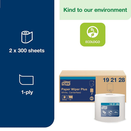 Tork® Advanced Paper Plus Centerfeed Wiper, White, 1 Ply, 380' Roll, 192128