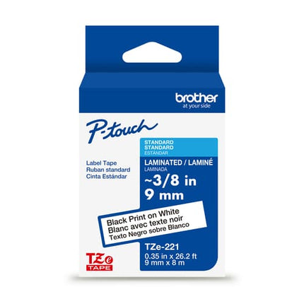 Brother Genuine TZe-221 Black on White Laminated Tape for TZe-compatible P-touch Label Makers, 9 mm wide x 8 m long