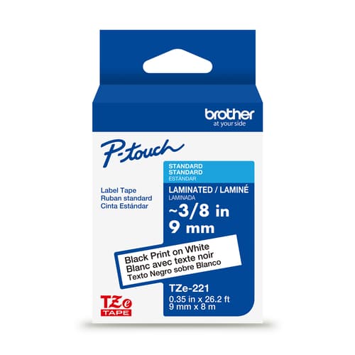 Brother Genuine TZe-221 Black on White Laminated Tape for TZe-compatible P-touch Label Makers, 9 mm wide x 8 m long