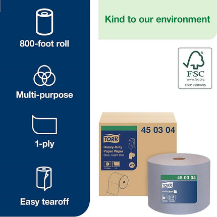 Tork® Heavy-Duty Paper Wiper, Giant Roll, 1-Ply, Blue, 800 Sheets/Roll, 450304