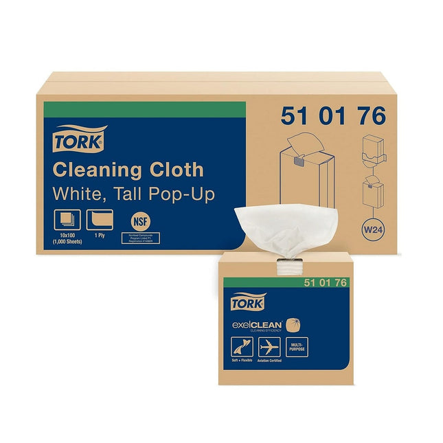 Tork® Cleaning Cloth In Pop-Up Box, 1-Ply, White, 100 Cloths/Box, 8.3 in, 510176