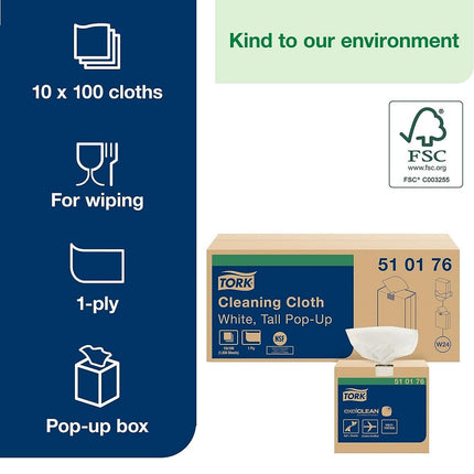 Tork® Cleaning Cloth In Pop-Up Box, 1-Ply, White, 100 Cloths/Box, 8.3 in, 510176