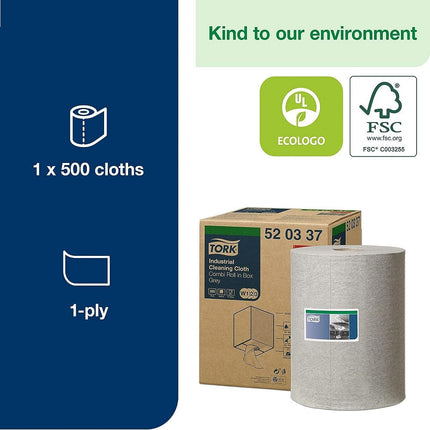 Tork® Industrial Cleaning Cloth, Centrefeed Maxi Roll Wiper, Grey, 500 Sheets/Roll, 520337