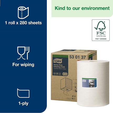 Tork® Heavy-Duty Cleaning Cloth Centrefeed Pull, 1-Ply, White, 280 Sheets, 530137