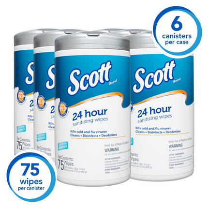 Scott® 24 Hour Sanitizing Wipes, White, 75 Sheets/Pack, 6 Packs/Case, 53686
