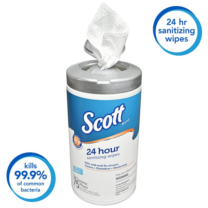 Scott® 24 Hour Sanitizing Wipes, White, 75 Sheets/Pack, 6 Packs/Case, 53686