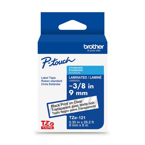 Brother Genuine TZe-121 Black on Clear Laminated Tape for TZe-compatible P-touch Label Makers, 9 mm wide x 8 m long