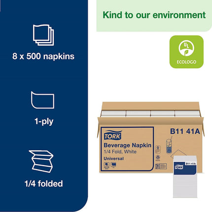 Tork® Universal Beverage Napkin, 1/4 Fold, White, B1141A