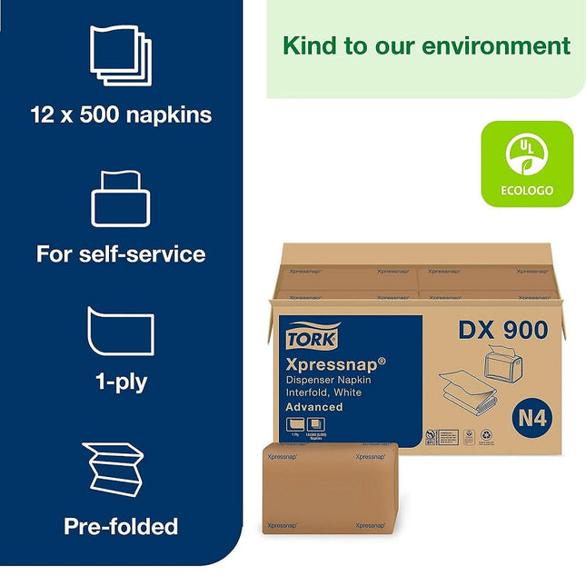 Tork® Advanced Xpressnap® Interfold Dispenser Napkin, 1 Ply, White, 500 Napkins/Pack, 12 Packs/Case