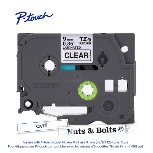 Brother Genuine TZe-121 Black on Clear Laminated Tape for TZe-compatible P-touch Label Makers, 9 mm wide x 8 m long